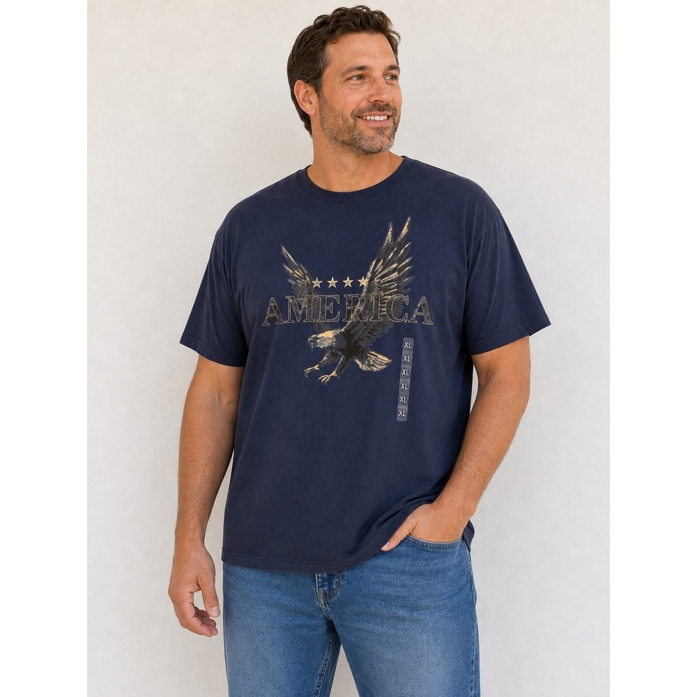 Mens America Bald Eagle Graphic T-Shirt Navy Blue Cotton Patriotic XL